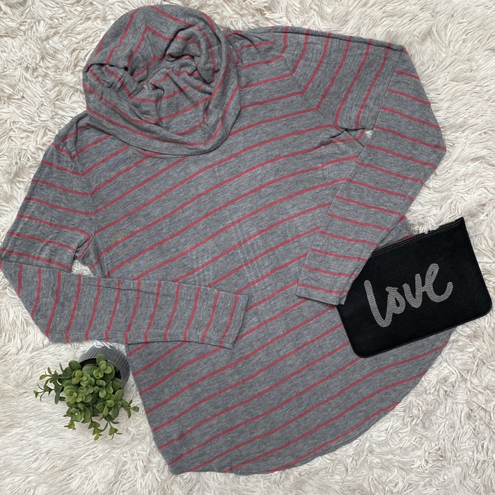 LOFT Gray and Pink Striped Cowl Neck Sweater